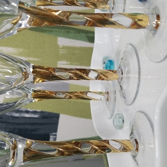 5 Vtg Aperitif Glasses With Gold Ribbon Stems - Picture 3 of 9